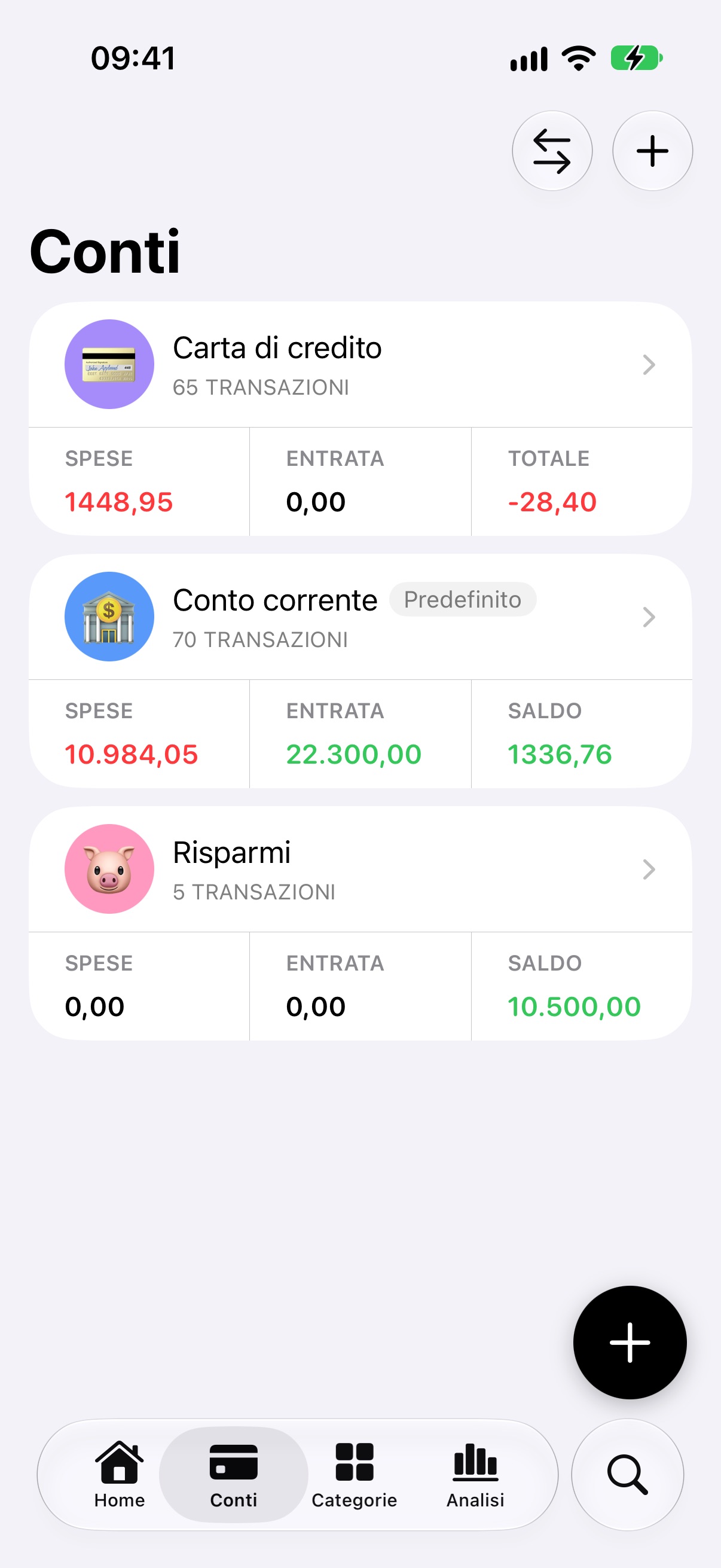 Accounts tab in Italian